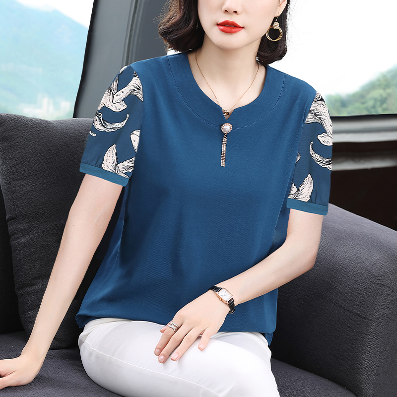 妈妈新款2025夏季印花短袖T恤女中年洋气时尚半袖宽松百搭上衣服