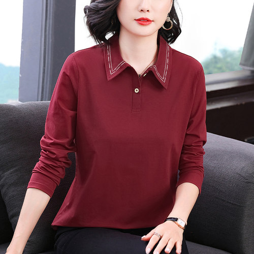 中老年女时尚纯色翻领长袖T恤衫