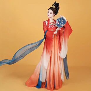 橘红色渐变色 连衣裙+腰链+披帛 送衬裤