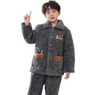 男童睡衣冬季加厚三层夹棉儿童珊瑚绒中大童男孩厚款2025新款御寒