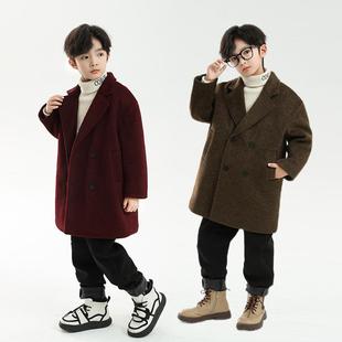 男童呢绒西装大衣中长男孩中大童毛呢学院风男生加绒早春保暧外套