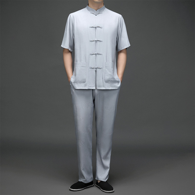 男中青年短袖薄款棉麻夏季唐装休闲服传统父亲中式衬衣亲子汉服装