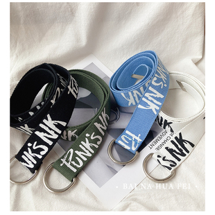 网红同款韩国英文黑白红百搭凹造型装饰帆布腰带双环扣绑带皮带女