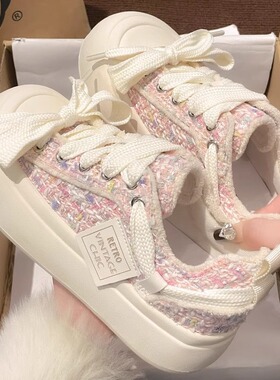 小香风小白鞋子女2025春季新款爆款厚底帆布鞋面包鞋配裙子板鞋女