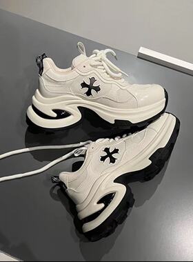 增高7CM~真皮十字花厚底老爹鞋女春季新款透气跑步鞋休闲运动鞋