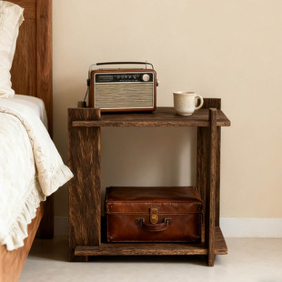 实木侘寂风床头柜床边柜替代品复古杂物收纳柜原木家用小型置物架