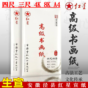 安徽红星牌生宣纸加厚书画宣纸书法国画作品墨水墨汁毛笔字练习专用三尺四尺四开六开对开整张8K4KA4红星宣纸
