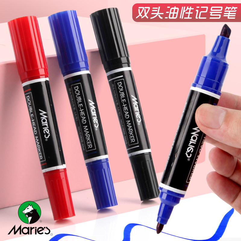 马利大号双头油性记号笔黑色马克笔大头粗细两头防水防油不掉色红色