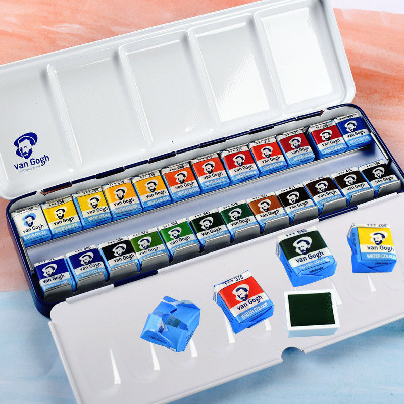 梵高固体水彩24色颜料盒装18色凡高水彩颜料泰伦斯透明水彩铁盒半块管