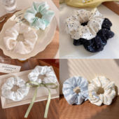 韩系新款 春夏波点大肠发圈组合棉质简约蝴蝶结织带少女发绳头饰女