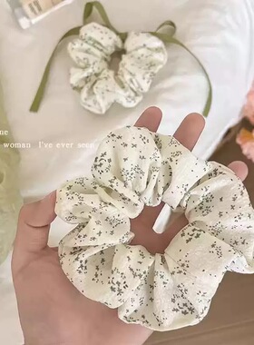 新款春夏豆沙绿色清新碎花大肠发圈纯棉蝴蝶结织带少女发绳头饰女