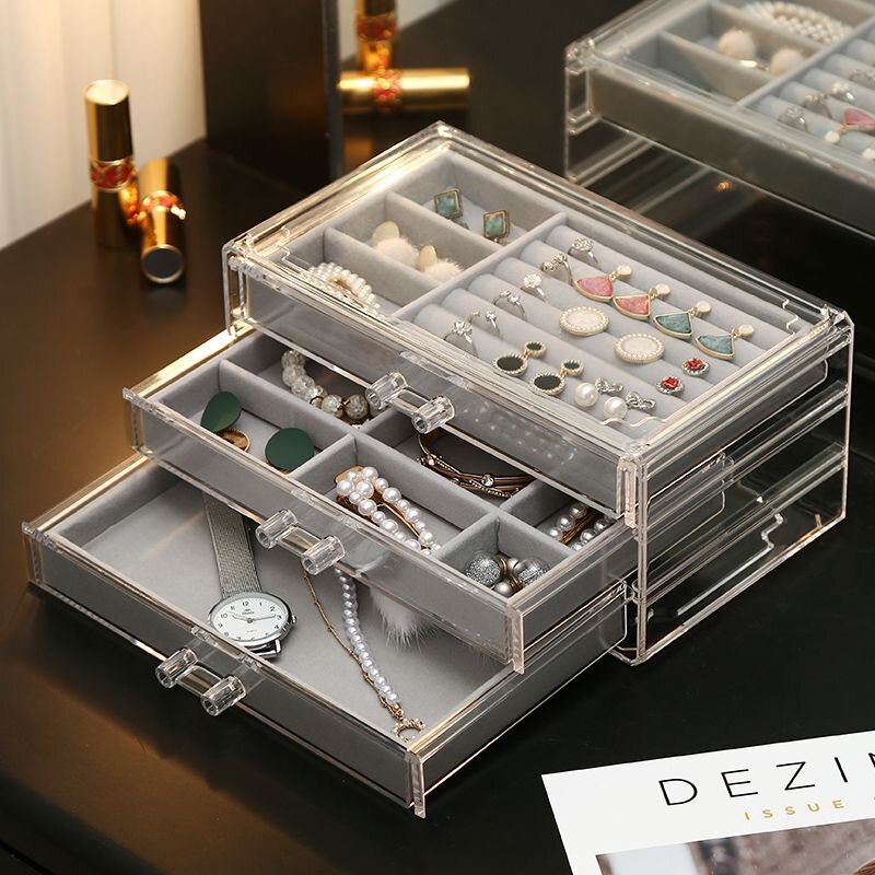 速发首饰盒防尘饰明收纳盒首饰耳环手饰盒子大容量简约家用透品亚