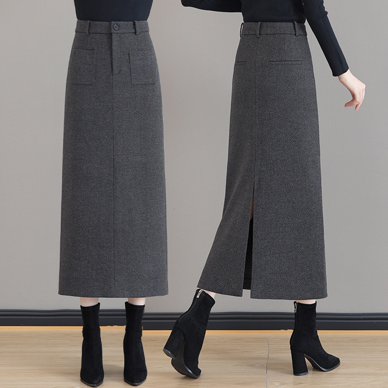 羊毛呢半身裙女中长款过膝2025秋冬加厚高腰包臀直筒后开叉A字裙