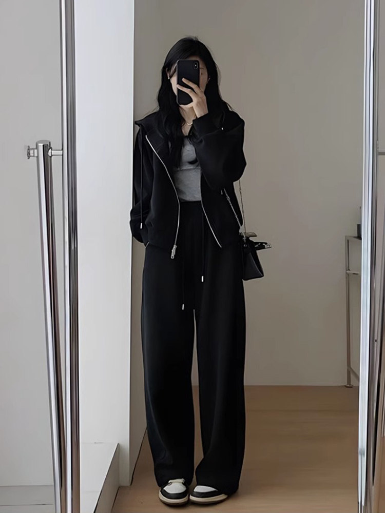 가을 겨울 캐주얼 운동복 스포츠 정장 여성 패션 홍콩 스타일 슬리밍 연령 감소 와이드 레그 팬츠 후드 러닝 투피스 트렌디 세트