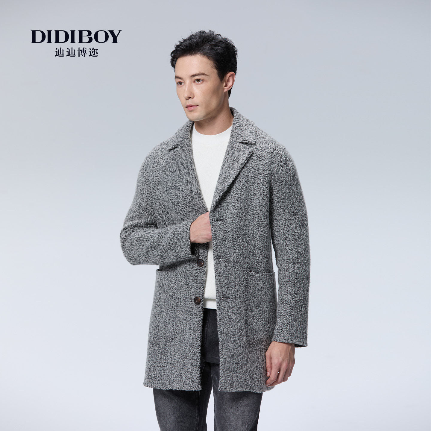 DIDIBOY迪迪博迩2025年冬季新款男士高端商务中长款驳领羊毛大衣