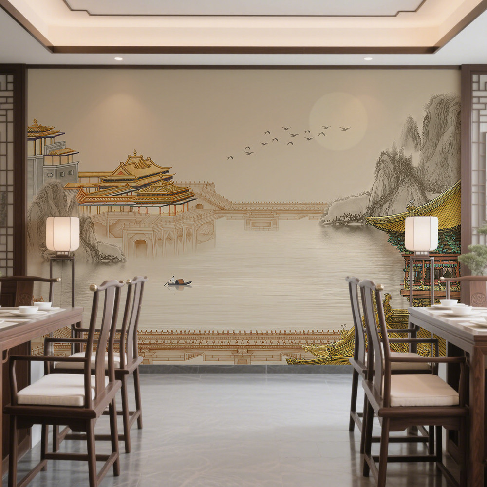 定制墙纸新中式酒店餐厅山水电视背景墙壁纸客厅壁布卧室墙布壁画