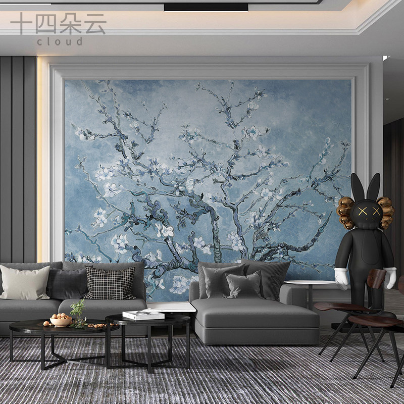 手绘梅花油画壁纸定制壁画蓝色花鸟无纺布墙纸客厅纸电视背景墙布