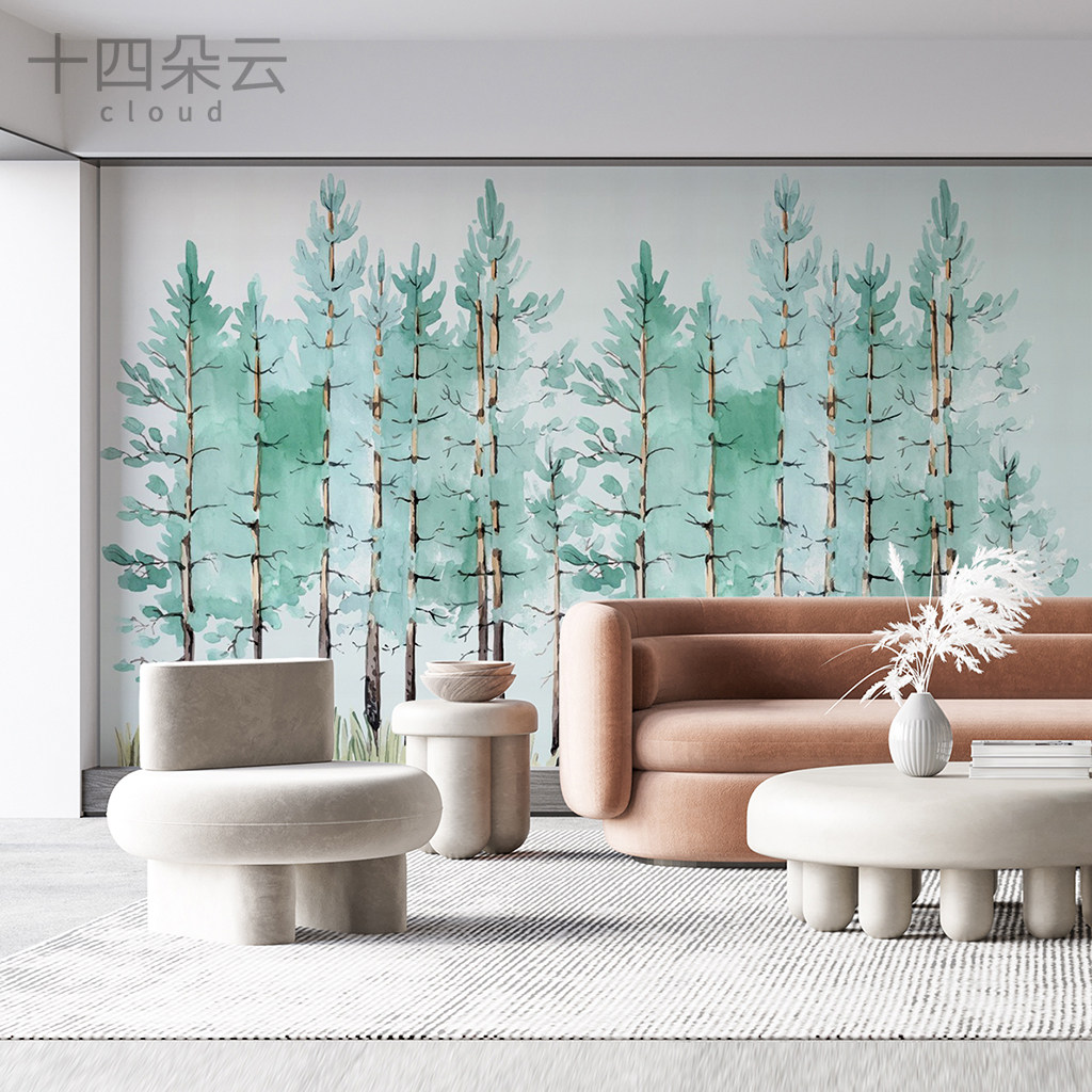 现代简约薄荷绿树林抽象定制壁画客厅电视背景墙纸无纺布壁纸画