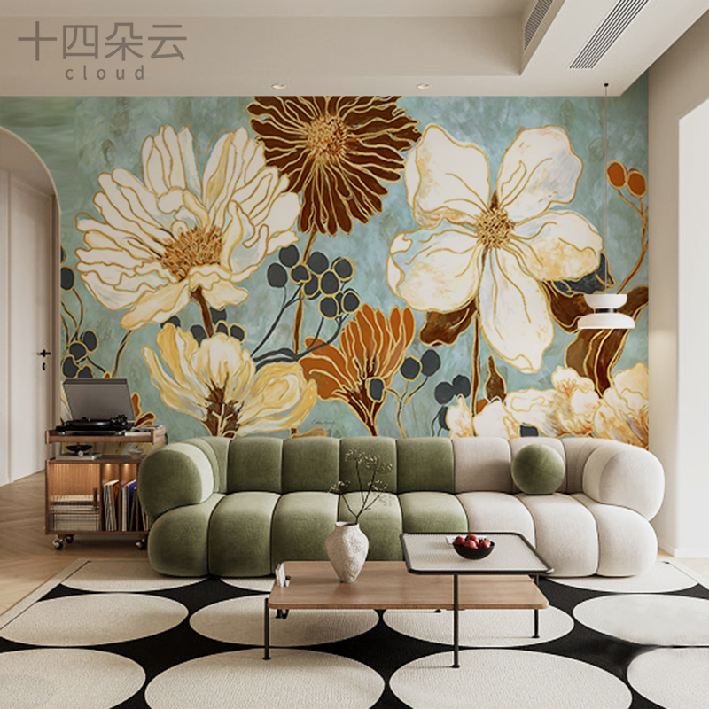 来图定制壁画欧式田园花卉油画布墙纸客厅电视背景墙壁纸卧室民宿