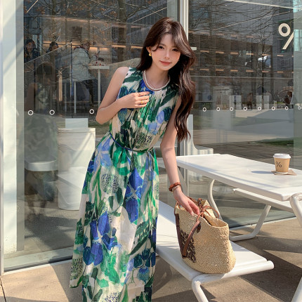 欧洲站欧货外贸出口大牌原单女装苎麻连衣裙晕染印花无袖背心裙子