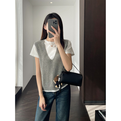 外贸100羊毛V领无缝一体袖马甲女