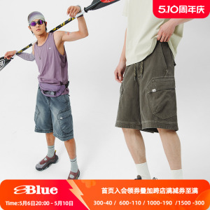 NothommeBLUE蓝岐夏季宽松休闲美式短裤复古工装水洗牛仔六分裤男