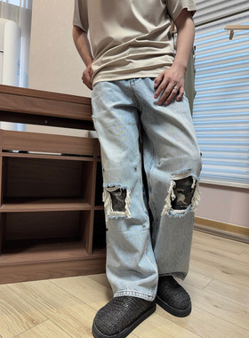 小众高街潮流时尚水洗迷彩补丁铆钉男士时尚破洞直筒休闲牛仔长裤