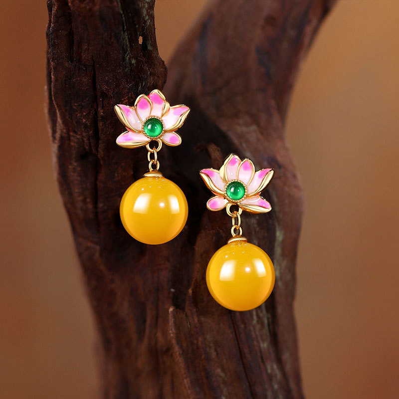 S925银针冷珐琅莲花和田玉耳