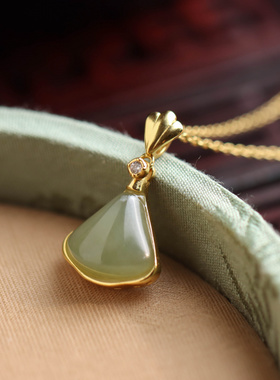 S925银镀金和田玉银杏吊坠