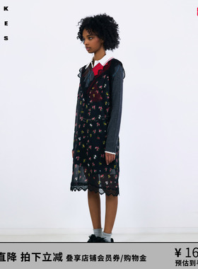 【马思纯同款】VVNK JANE PLUS2025秋季新款V领蕾丝印花连衣裙女