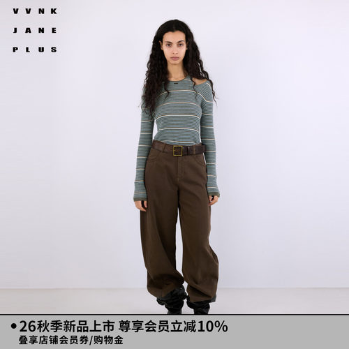 VVNK JANE PLUS2026秋季新款露肩假两件条纹针织衫女J630131630A