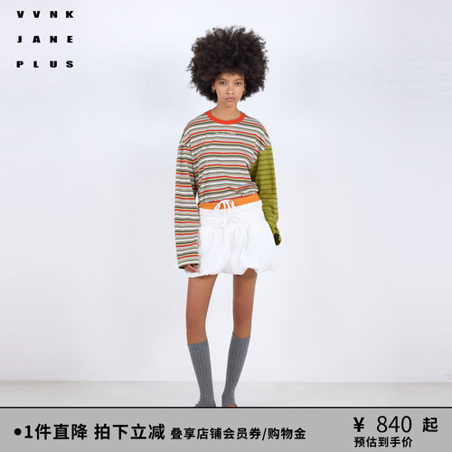 VVNK JANE PLUS2026春季新款撞色拼接条纹长袖T恤女J624056308D