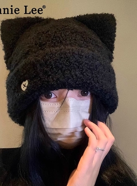 Winnie Lee日本设计师联名款毛绒猫耳毛线帽女秋冬大头围针织冷帽