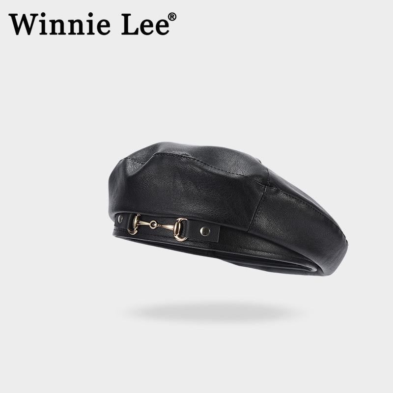 WinnieLeePU皮质贝雷帽女秋冬季