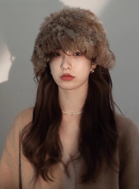 Monstar Lee日本设计师联名款兔毛帽子女冬保暖毛线帽毛绒渔夫帽