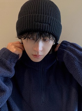 Monstar Lee日本设计师联名款黑色帽子针织帽毛线帽男冬季大头围