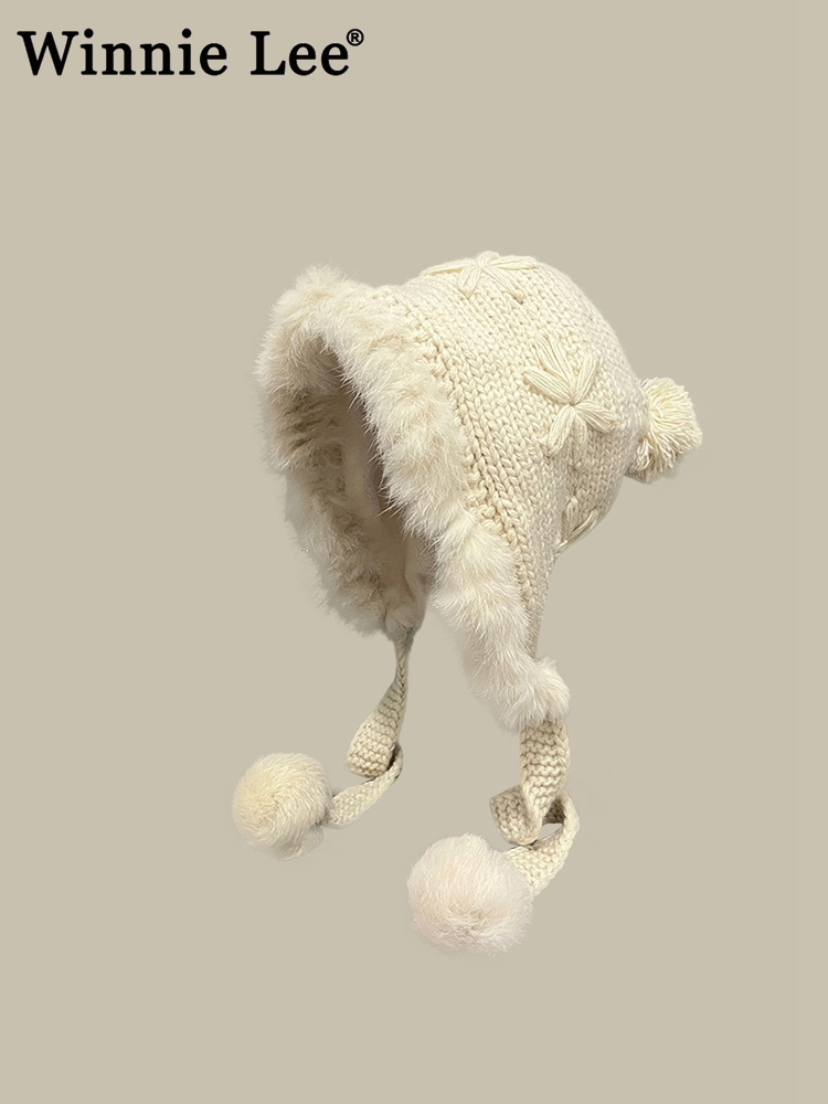 WinnieLee针织兔毛雷锋帽冬季