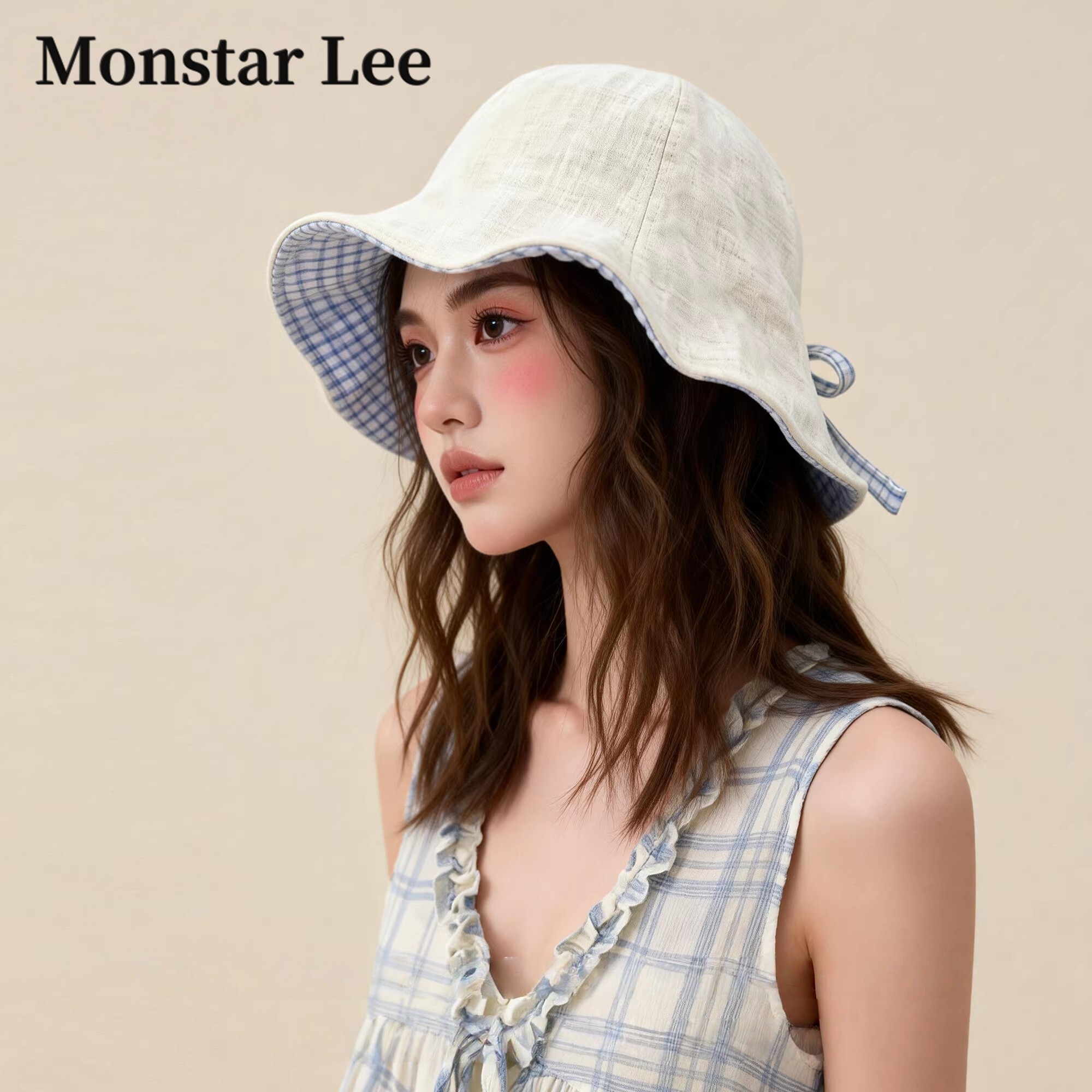 Monstar Lee日本设计师联名款双面蝴蝶结渔夫帽女夏大头围遮阳帽