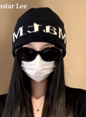 Monstar Lee日本设计师联名款黑色针织帽子女冬季保暖冷帽毛线帽