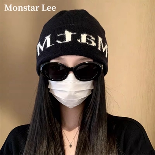 Monstar Lee日本设计师联名款黑色针织帽子女冬季保暖冷帽毛线帽