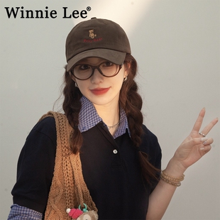 Winnie Lee日本设计师联名款小熊刺绣鸭舌帽子女大头围软顶棒球帽