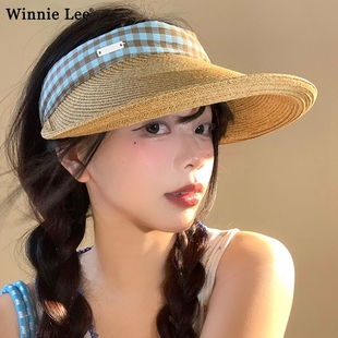 格紋空頂拉菲草帽女夏季 遮陽防曬帽子 Lee日本設計師聯名款 Winnie