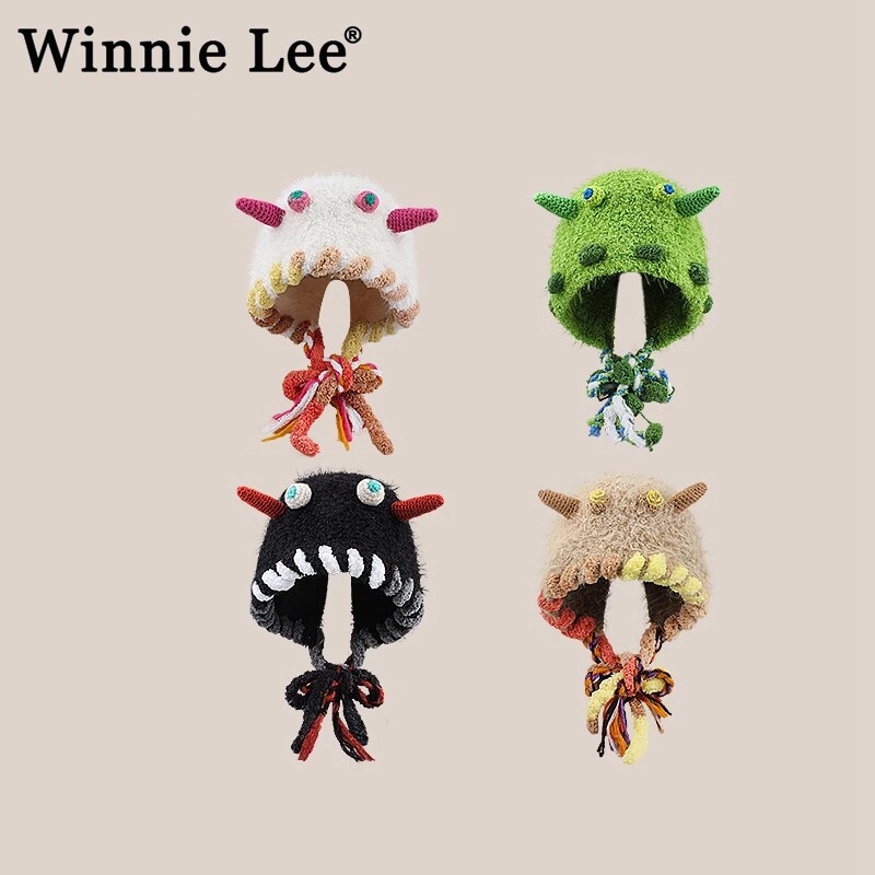 Winnie Lee日本设计师联名款小怪兽毛绒雷锋帽针织大头围毛线帽冬