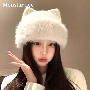 Monstar Lee日本设计师联名款针织毛线帽子女冬白色毛绒护耳冷帽