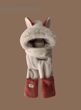 Monstar Lee日本设计师联名款狐狸耳朵毛绒帽子女护耳滑雪三件套