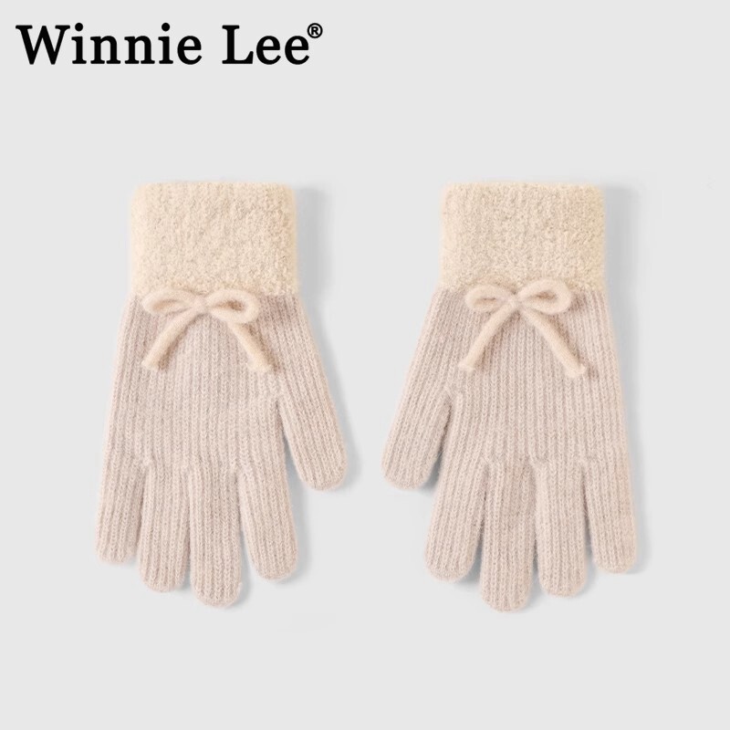 Winnie Lee日本设计师联名款蝴蝶结毛线手套女冬季保暖针织可触屏