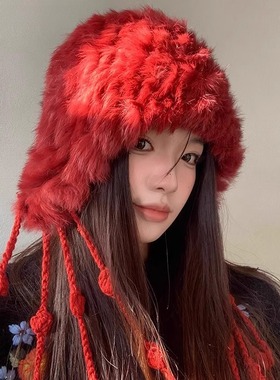 Monstar Lee日本设计师联名款红色兔毛针织毛绒帽子女保暖雷锋帽