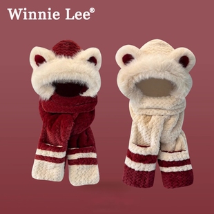 Winnie Lee日本设计师联名款可爱小熊耳朵帽子围巾一体保暖毛绒冬