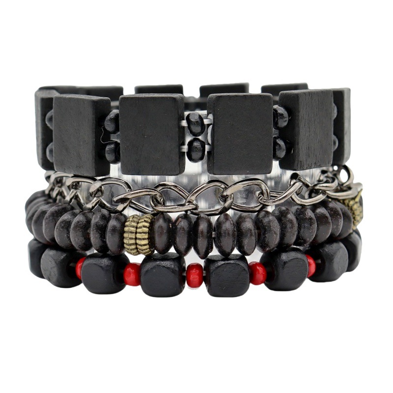 跨境欧美新款多层男士木珠串珠手链多件套编织手镯复古链条