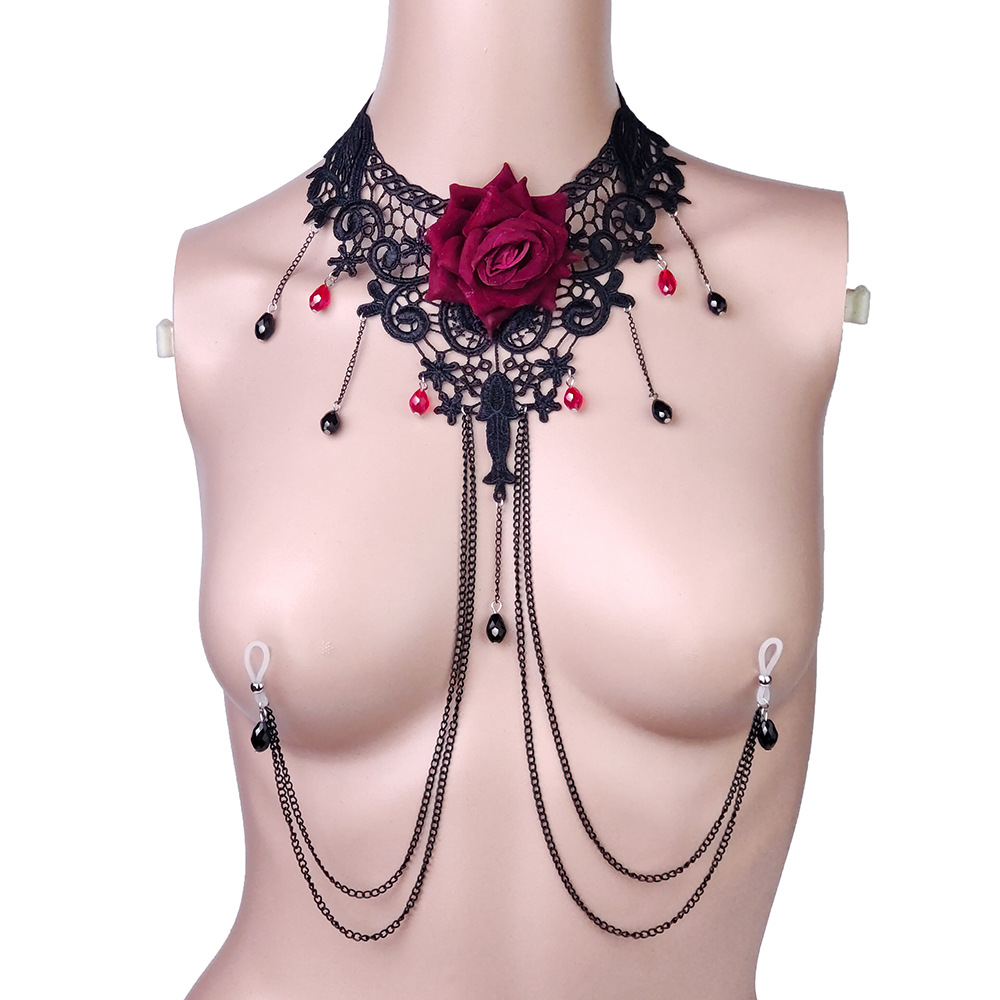 新欧美跨境乳链乳环蕾丝玫瑰花项链胸衣链比基尼身体链乳头链